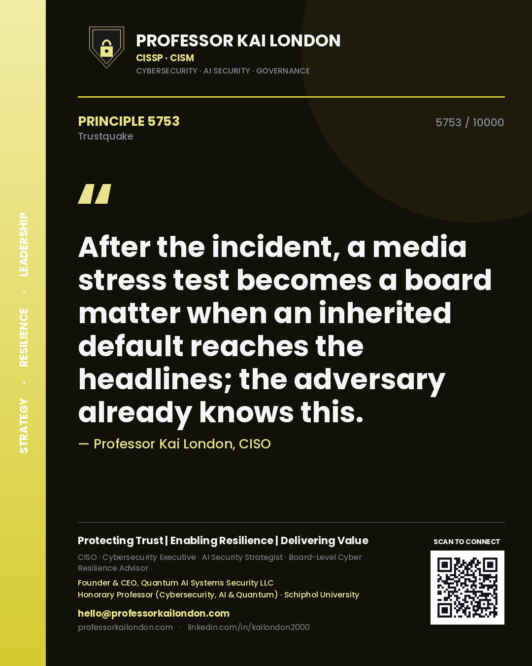 Quote card by Professor Kai London reading 'After the incident, a media stress test becomes a board matter when an inherited default reaches the headlines; the adversary already knows this.'. From the book Trustquake.