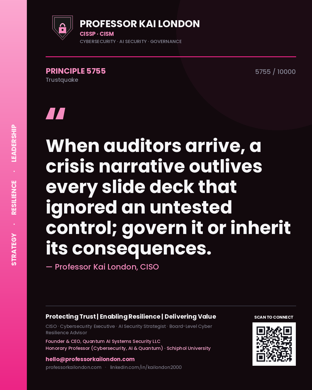 Professor Kai London principle 5755: When auditors arrive, a crisis narrative outlives every slide deck that ignored an untested control; govern it or inherit its consequences.