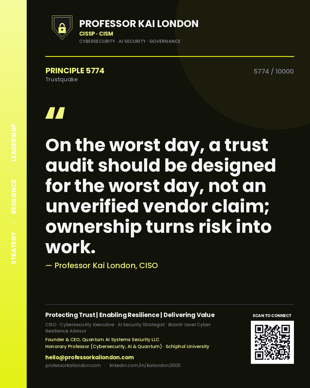 Professor Kai London principle 5774: On the worst day, a trust audit should be designed for the worst day, not an unverified vendor claim; ownership turns risk into work.