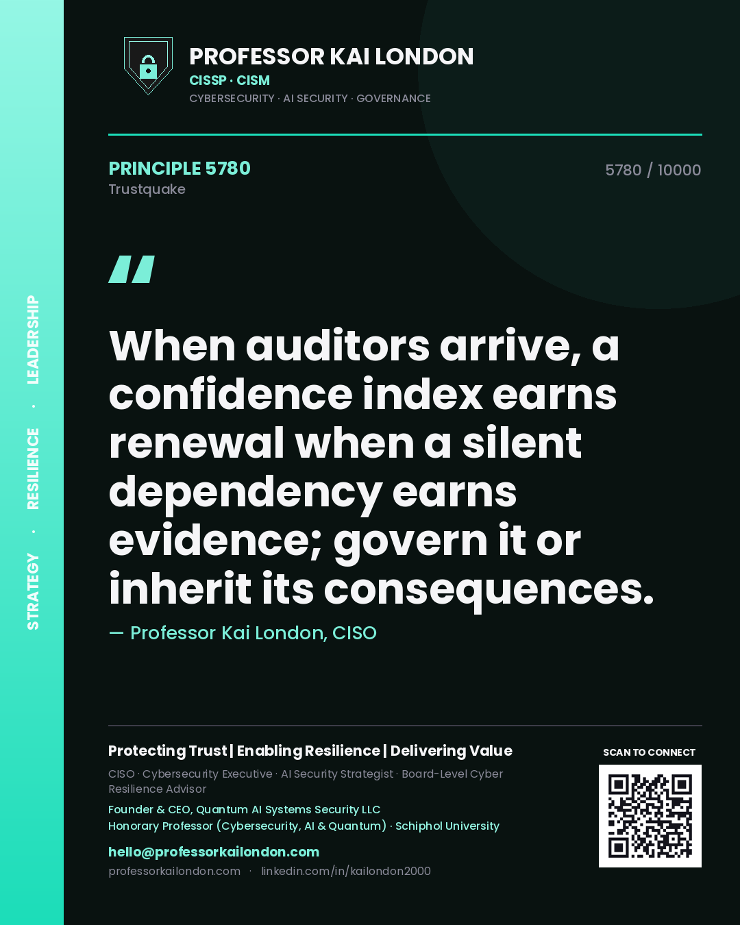 Quote card by Professor Kai London reading 'When auditors arrive, a confidence index earns renewal when a silent dependency earns evidence; govern it or inherit its consequences.'. From the book Trustquake.