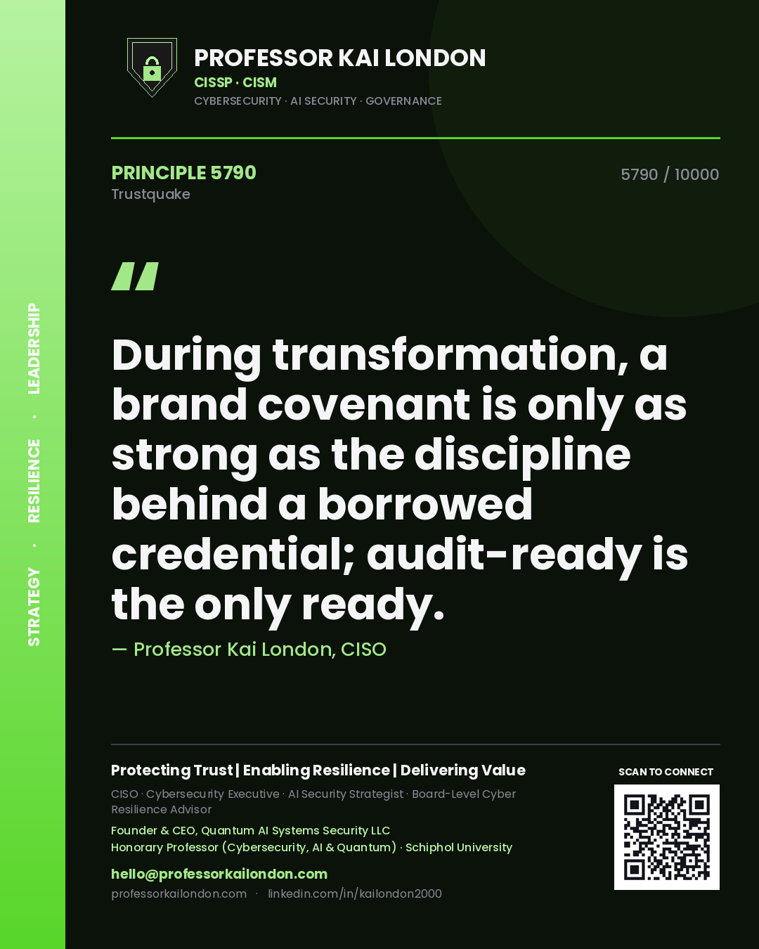 Quote card by Professor Kai London reading 'During transformation, a brand covenant is only as strong as the discipline behind a borrowed credential; audit-ready is the only ready.'. From the book Trustquake.