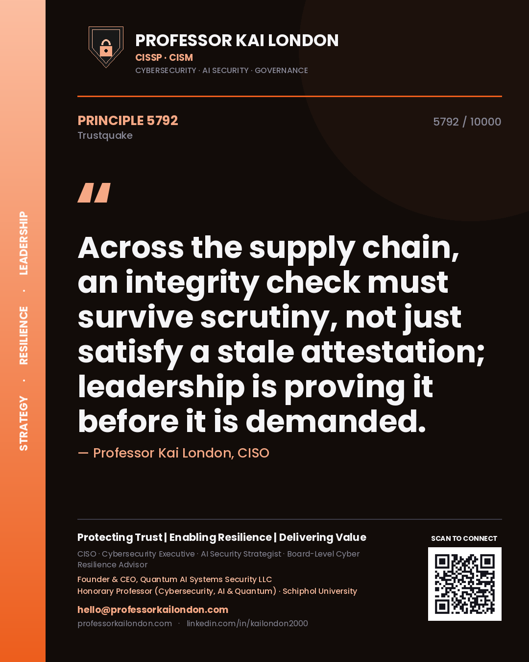 Quote card by Professor Kai London reading 'Across the supply chain, an integrity check must survive scrutiny, not just satisfy a stale attestation; leadership is proving it before it is demanded.'. From the book Trustquake.