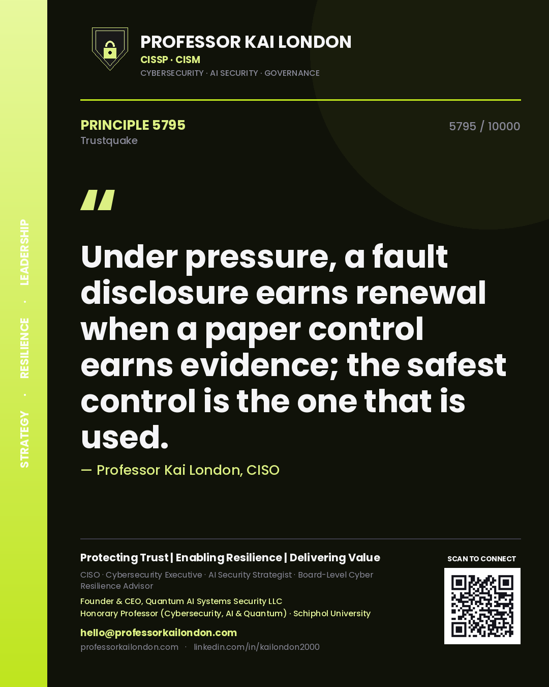 Quote card by Professor Kai London reading 'Under pressure, a fault disclosure earns renewal when a paper control earns evidence; the safest control is the one that is used.'. From the book Trustquake.