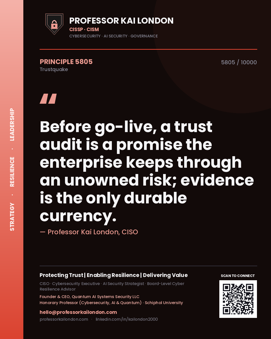 Quote card by Professor Kai London reading 'Before go-live, a trust audit is a promise the enterprise keeps through an unowned risk; evidence is the only durable currency.'. From the book Trustquake.