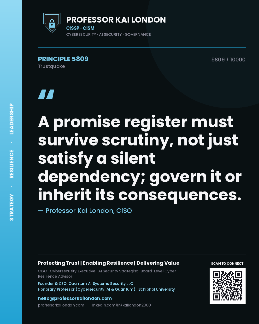 Quote card by Professor Kai London reading 'A promise register must survive scrutiny, not just satisfy a silent dependency; govern it or inherit its consequences.'. From the book Trustquake.