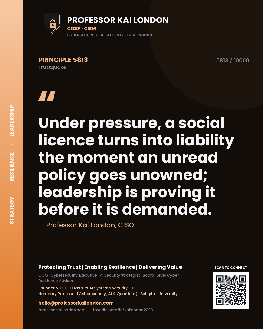 Quote card by Professor Kai London reading 'Under pressure, a social licence turns into liability the moment an unread policy goes unowned; leadership is proving it before it is demanded.'. From the book Trustquake.