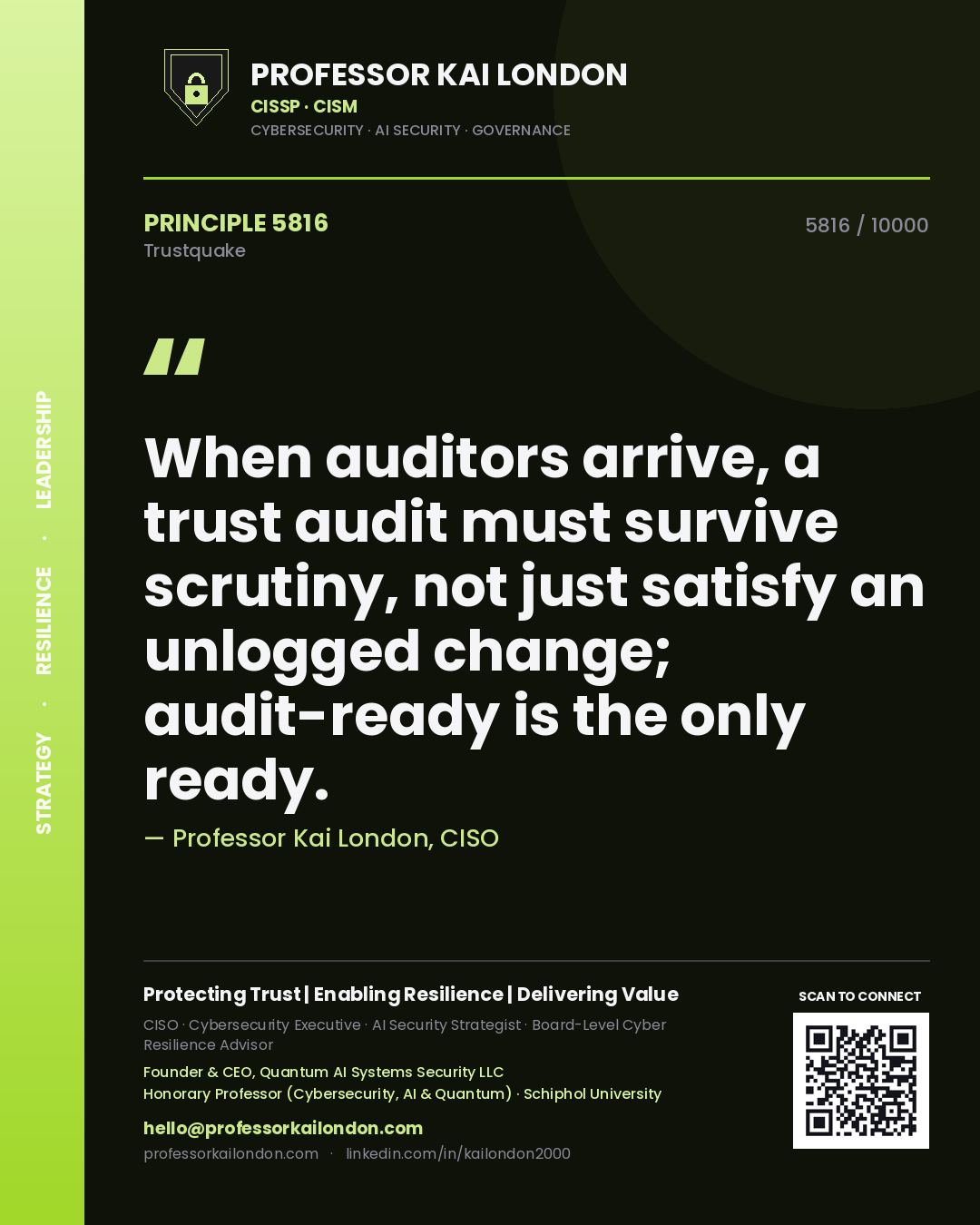 Quote card by Professor Kai London reading 'When auditors arrive, a trust audit must survive scrutiny, not just satisfy an unlogged change; audit-ready is the only ready.'. From the book Trustquake.