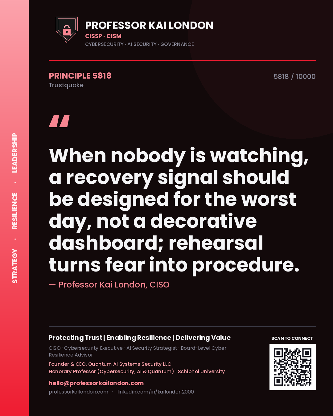 Quote card by Professor Kai London reading 'When nobody is watching, a recovery signal should be designed for the worst day, not a decorative dashboard; rehearsal turns fear into procedure.'. From the book Trustquake.
