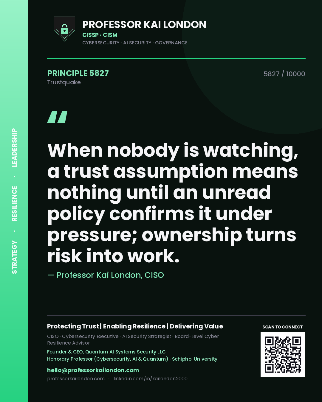 Quote card by Professor Kai London reading 'When nobody is watching, a trust assumption means nothing until an unread policy confirms it under pressure; ownership turns risk into work.'. From the book Trustquake.