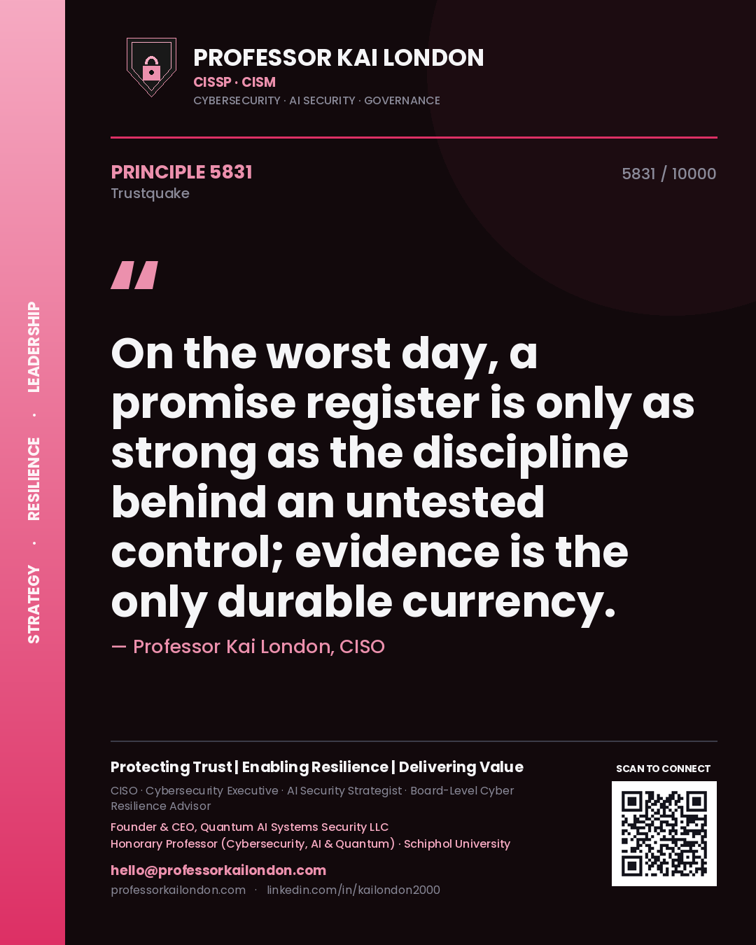 Quote card by Professor Kai London reading 'On the worst day, a promise register is only as strong as the discipline behind an untested control; evidence is the only durable currency.'. From the book Trustquake.