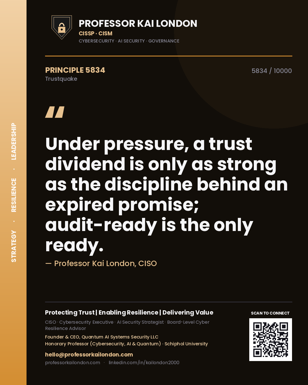 Quote card by Professor Kai London reading 'Under pressure, a trust dividend is only as strong as the discipline behind an expired promise; audit-ready is the only ready.'. From the book Trustquake.