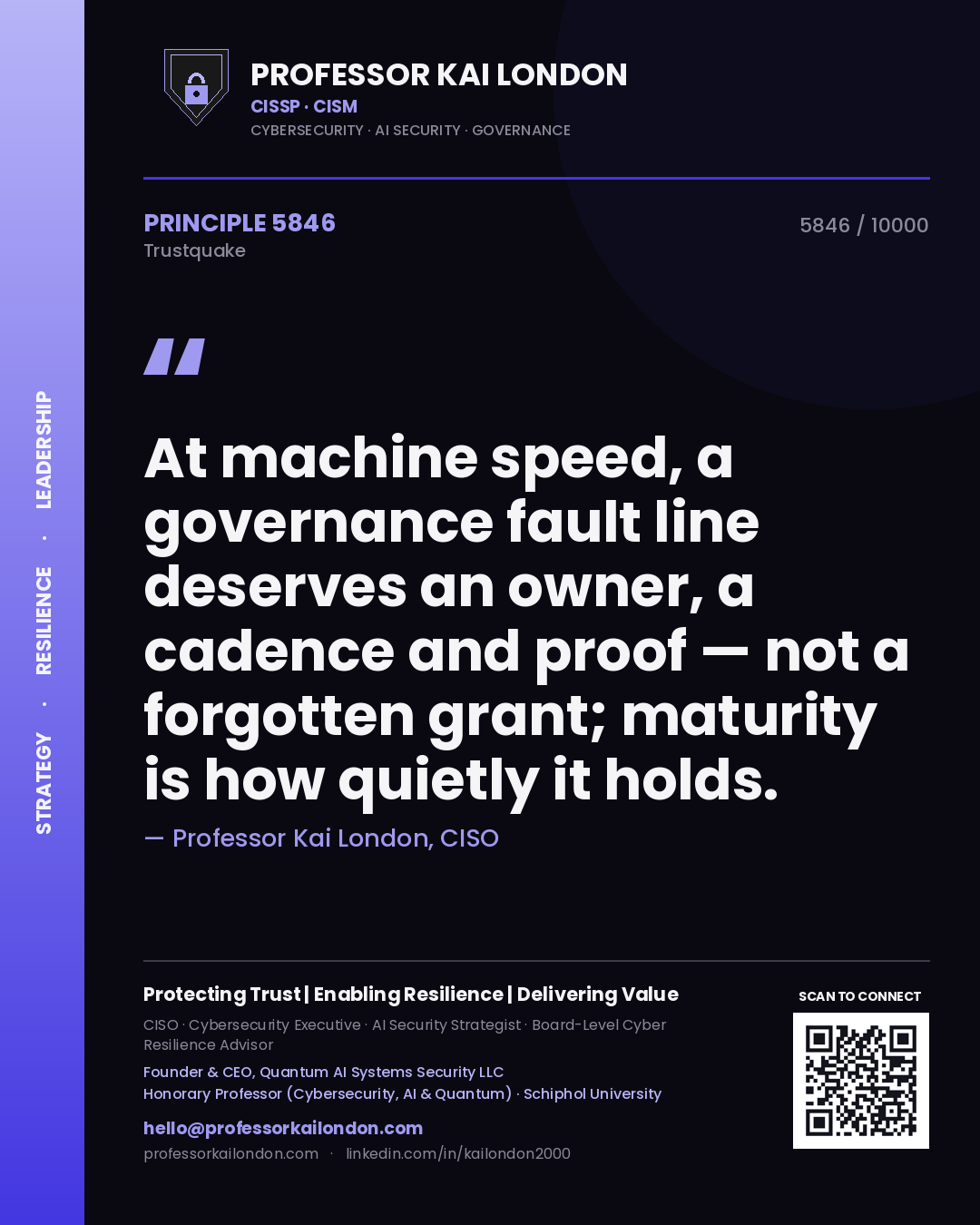 Quote card by Professor Kai London reading 'At machine speed, a governance fault line deserves an owner, a cadence and proof — not a forgotten grant; maturity is how quietly it holds.'. From the book Trustquake.