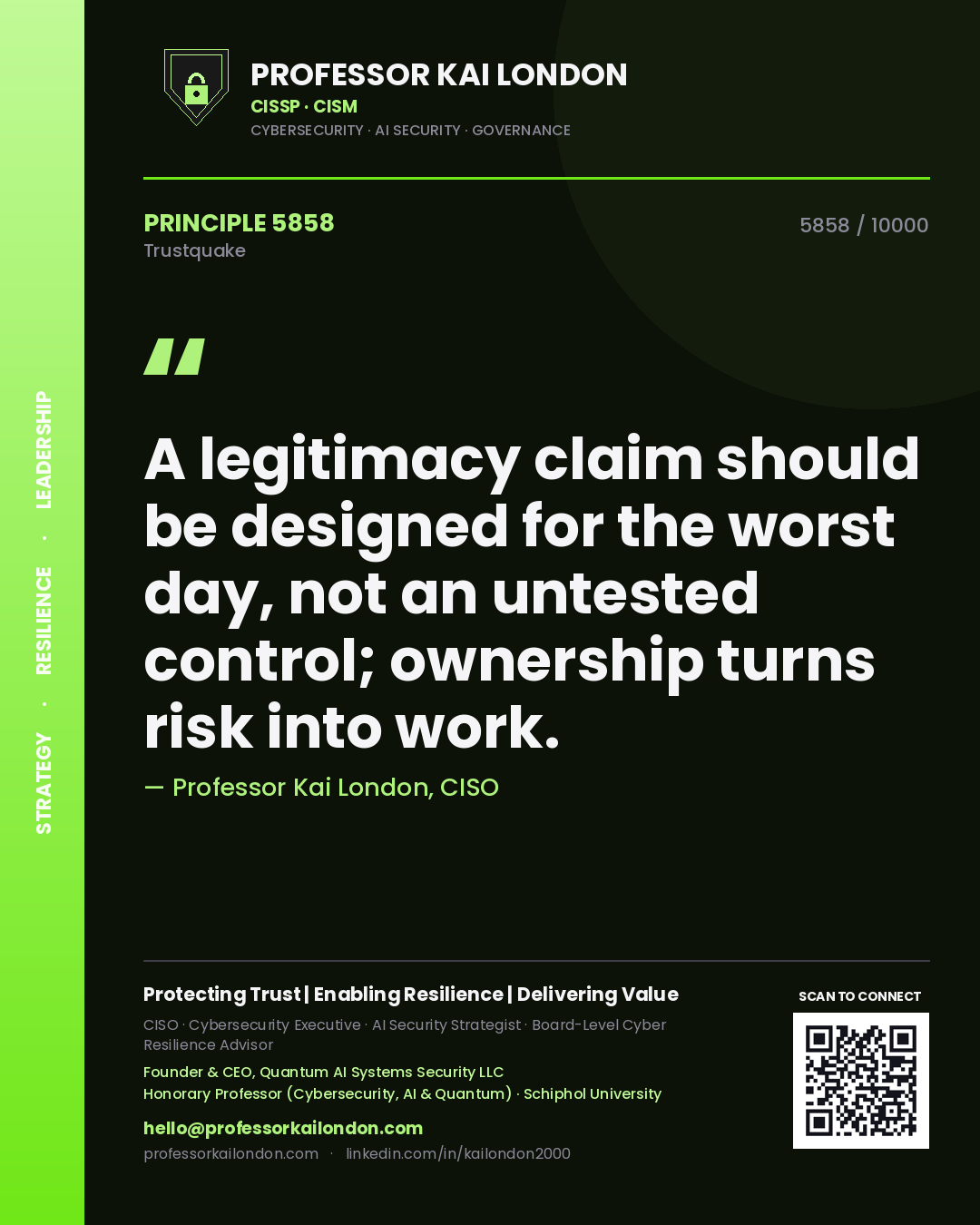 Quote card by Professor Kai London reading 'A legitimacy claim should be designed for the worst day, not an untested control; ownership turns risk into work.'. From the book Trustquake.