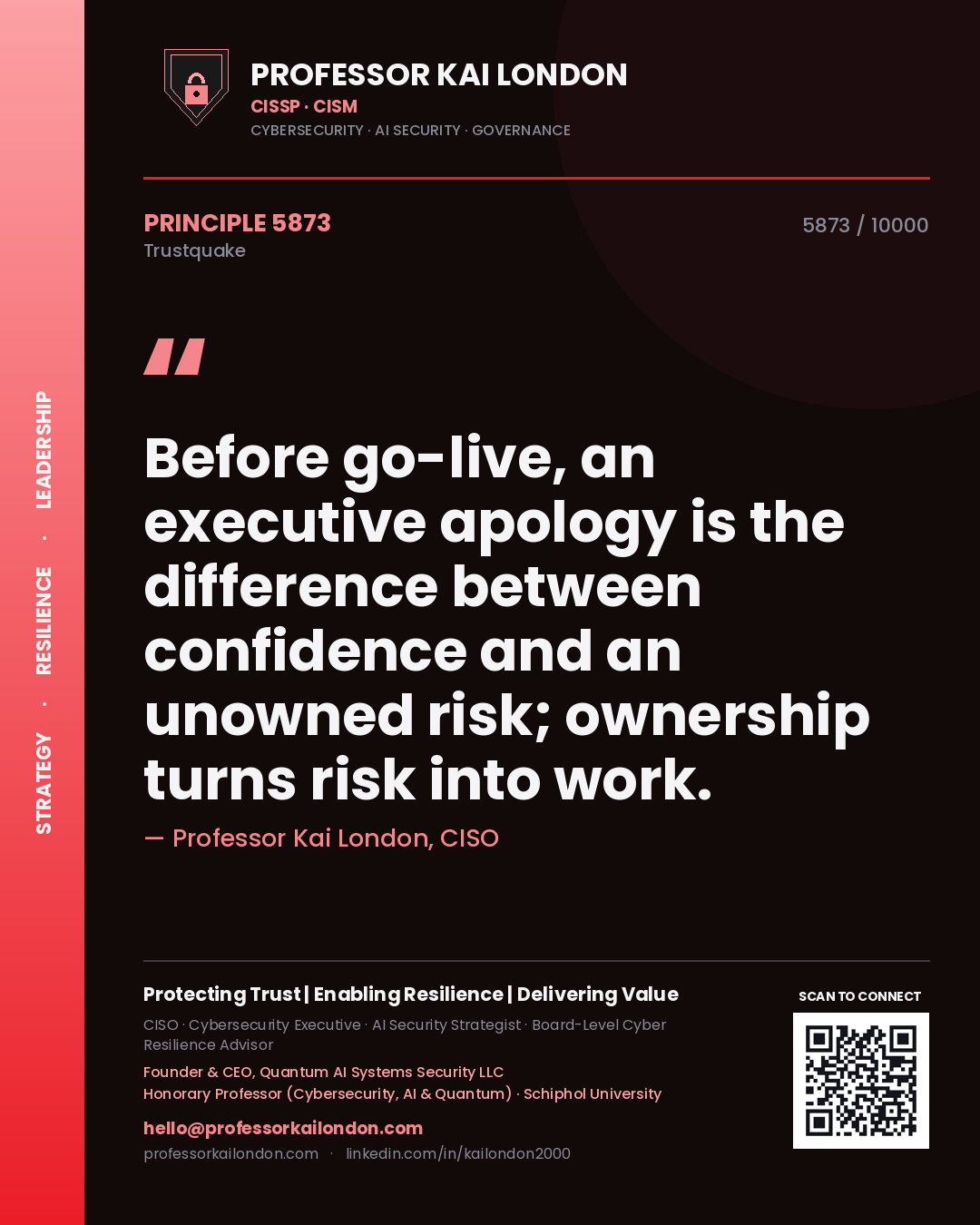 Quote card by Professor Kai London reading 'Before go-live, an executive apology is the difference between confidence and an unowned risk; ownership turns risk into work.'. From the book Trustquake.