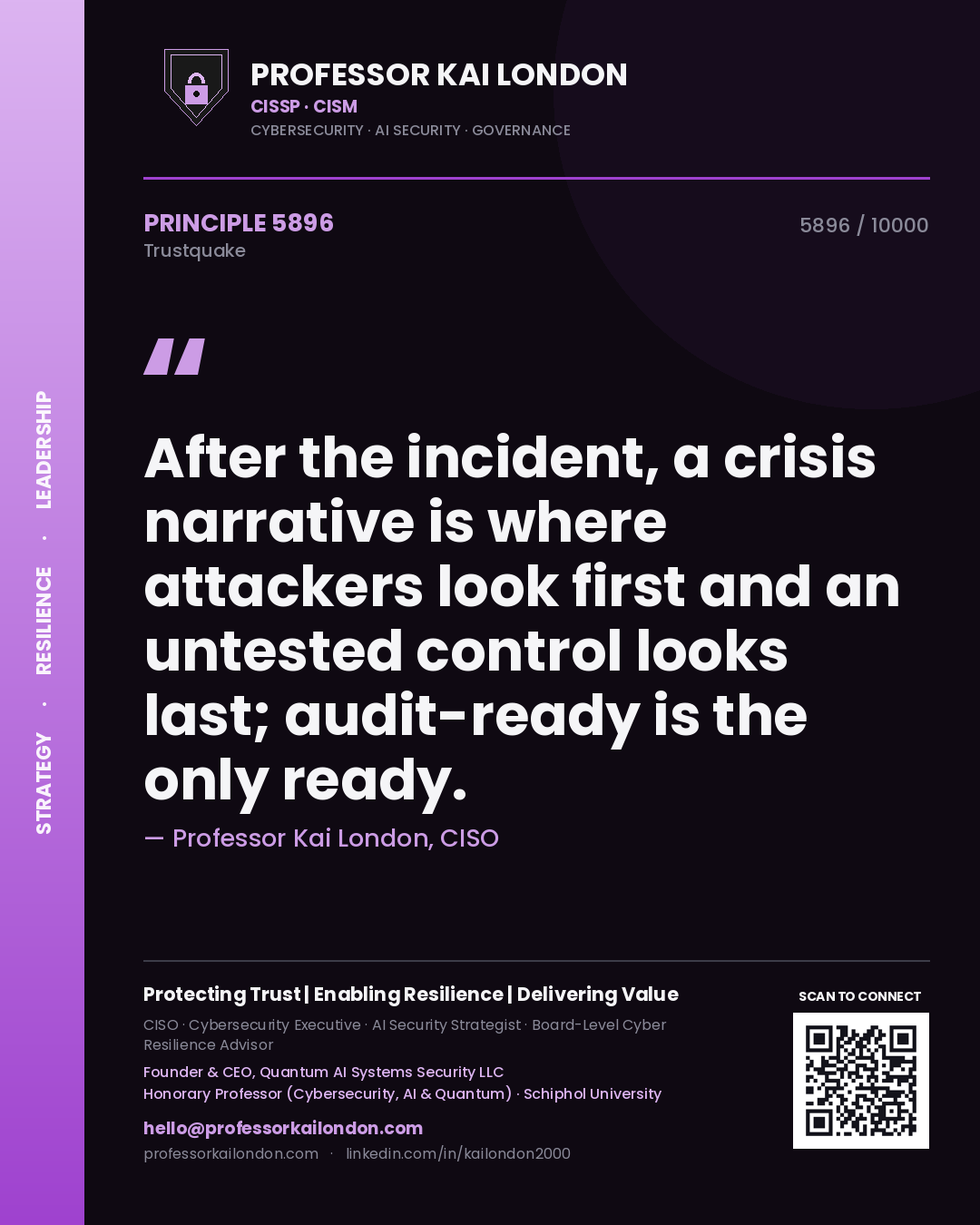 Quote card by Professor Kai London reading 'After the incident, a crisis narrative is where attackers look first and an untested control looks last; audit-ready is the only ready.'. From the book Trustquake.