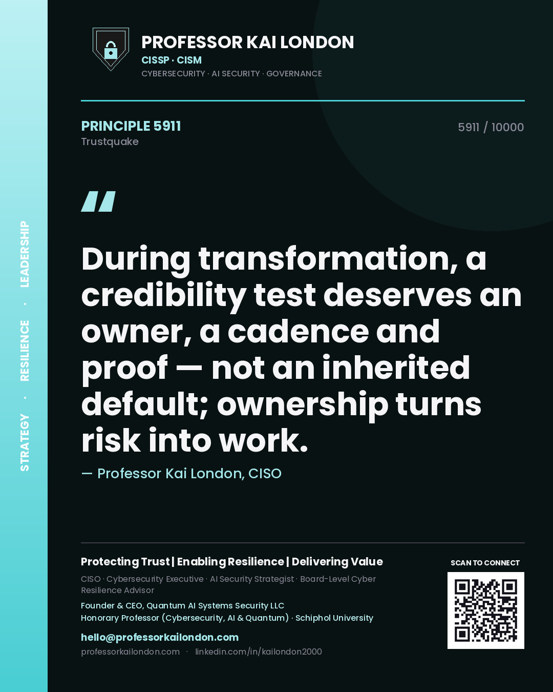 Professor Kai London principle 5911: During transformation, a credibility test deserves an owner, a cadence and proof — not an inherited default; ownership turns risk into work.