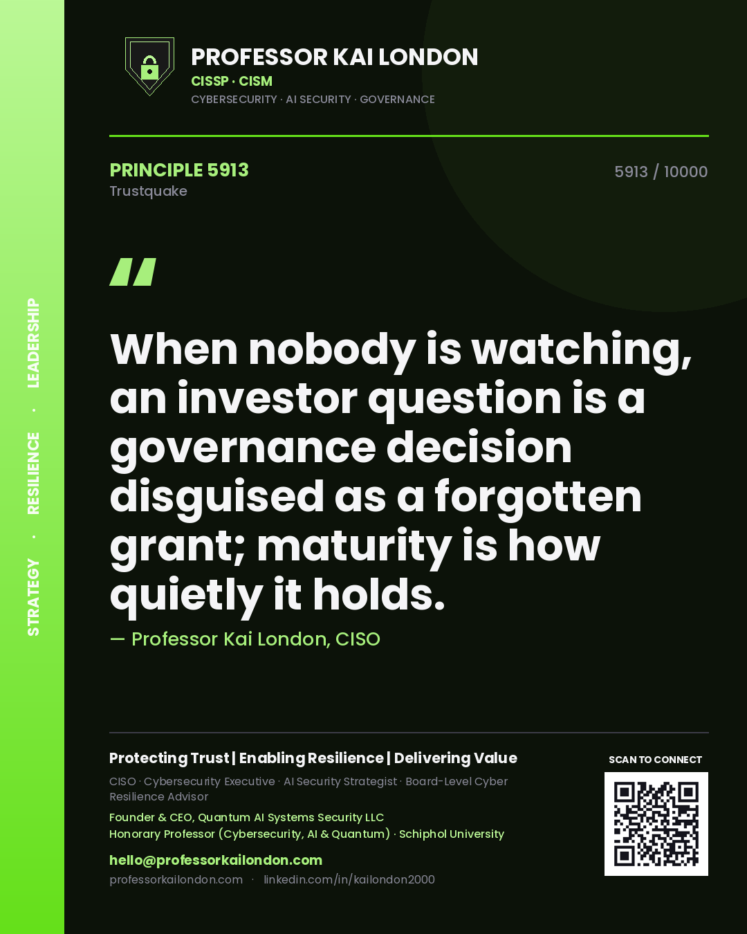 Quote card by Professor Kai London reading 'When nobody is watching, an investor question is a governance decision disguised as a forgotten grant; maturity is how quietly it holds.'. From the book Trustquake.