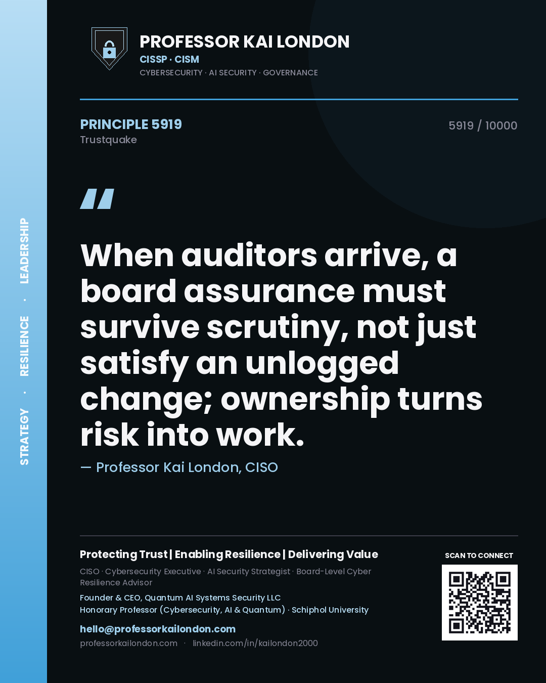 Quote card by Professor Kai London reading 'When auditors arrive, a board assurance must survive scrutiny, not just satisfy an unlogged change; ownership turns risk into work.'. From the book Trustquake.