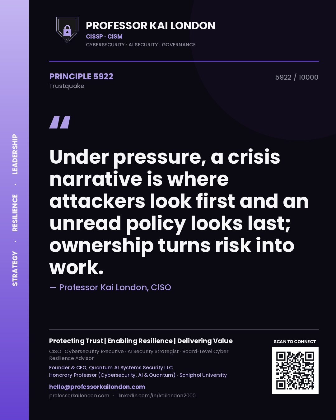 Professor Kai London principle 5922: Under pressure, a crisis narrative is where attackers look first and an unread policy looks last; ownership turns risk into work.