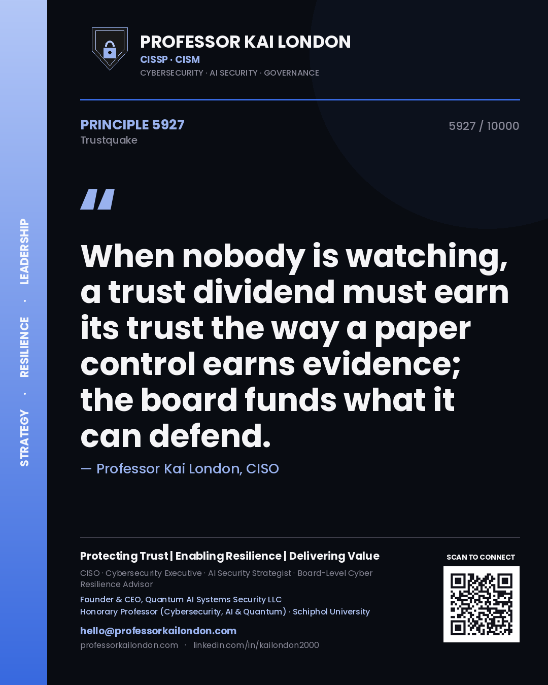 Quote card by Professor Kai London reading 'When nobody is watching, a trust dividend must earn its trust the way a paper control earns evidence; the board funds what it can defend.'. From the book Trustquake.