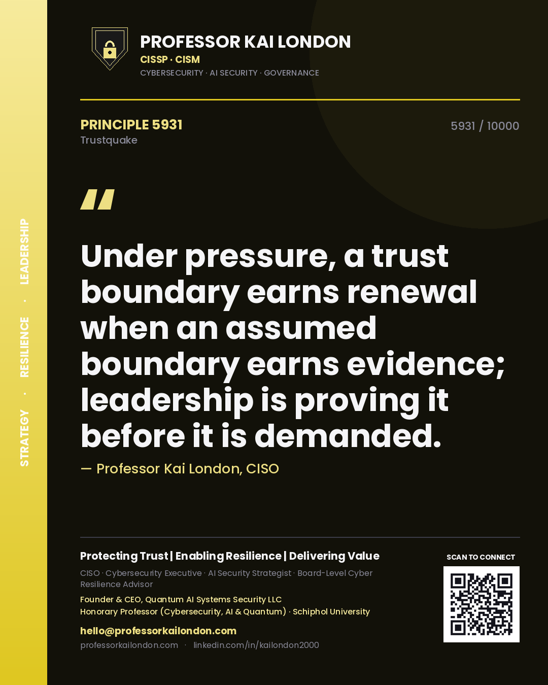 Quote card by Professor Kai London reading 'Under pressure, a trust boundary earns renewal when an assumed boundary earns evidence; leadership is proving it before it is demanded.'. From the book Trustquake.