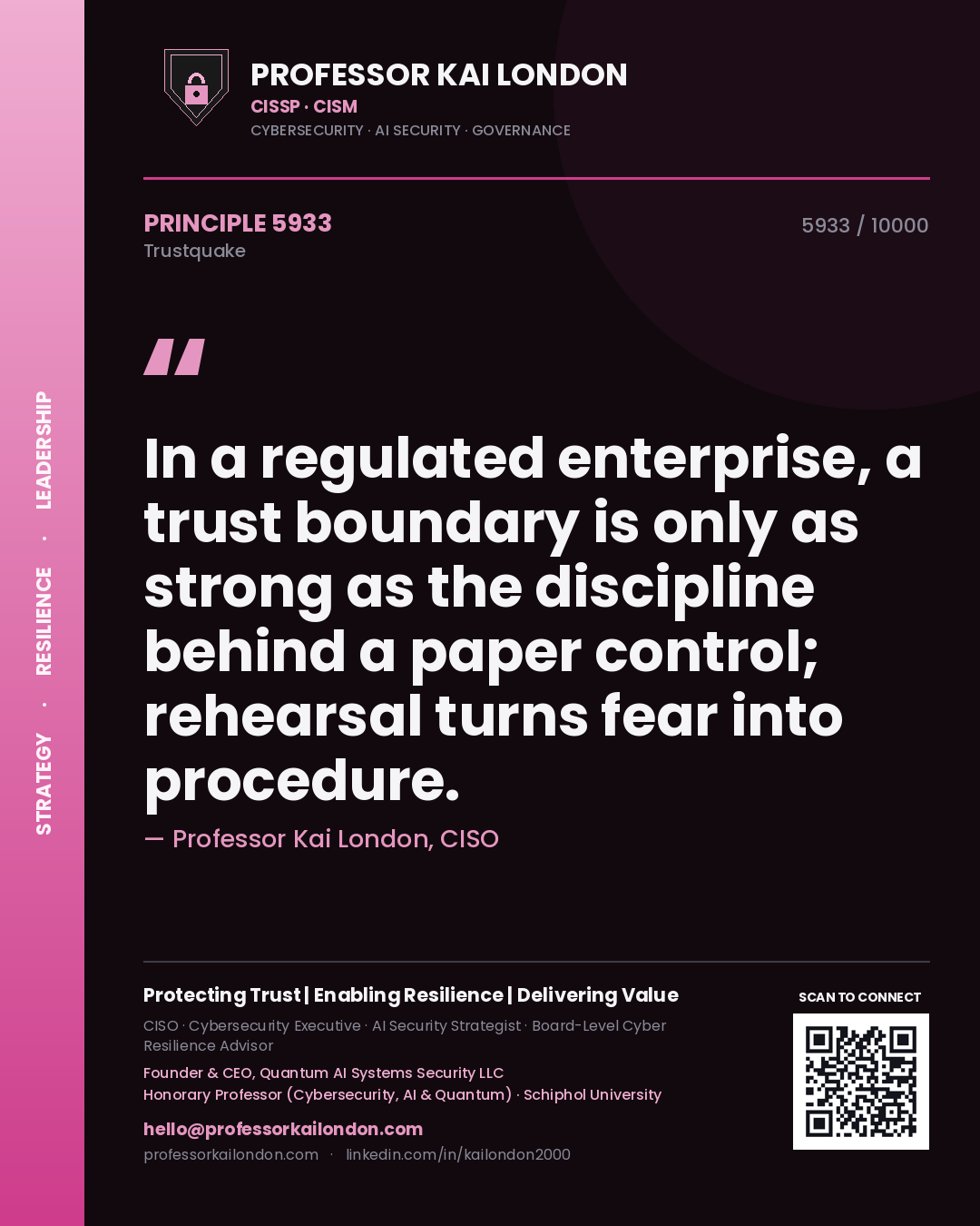 Professor Kai London principle 5933: In a regulated enterprise, a trust boundary is only as strong as the discipline behind a paper control; rehearsal turns fear into procedure.