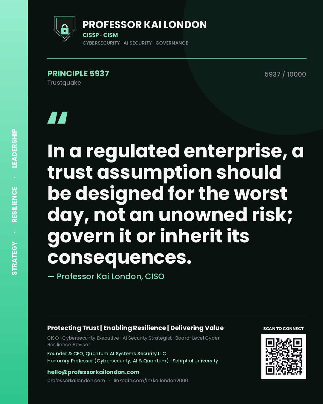 Quote card by Professor Kai London reading 'In a regulated enterprise, a trust assumption should be designed for the worst day, not an unowned risk; govern it or inherit its consequences.'. From the book Trustquake.