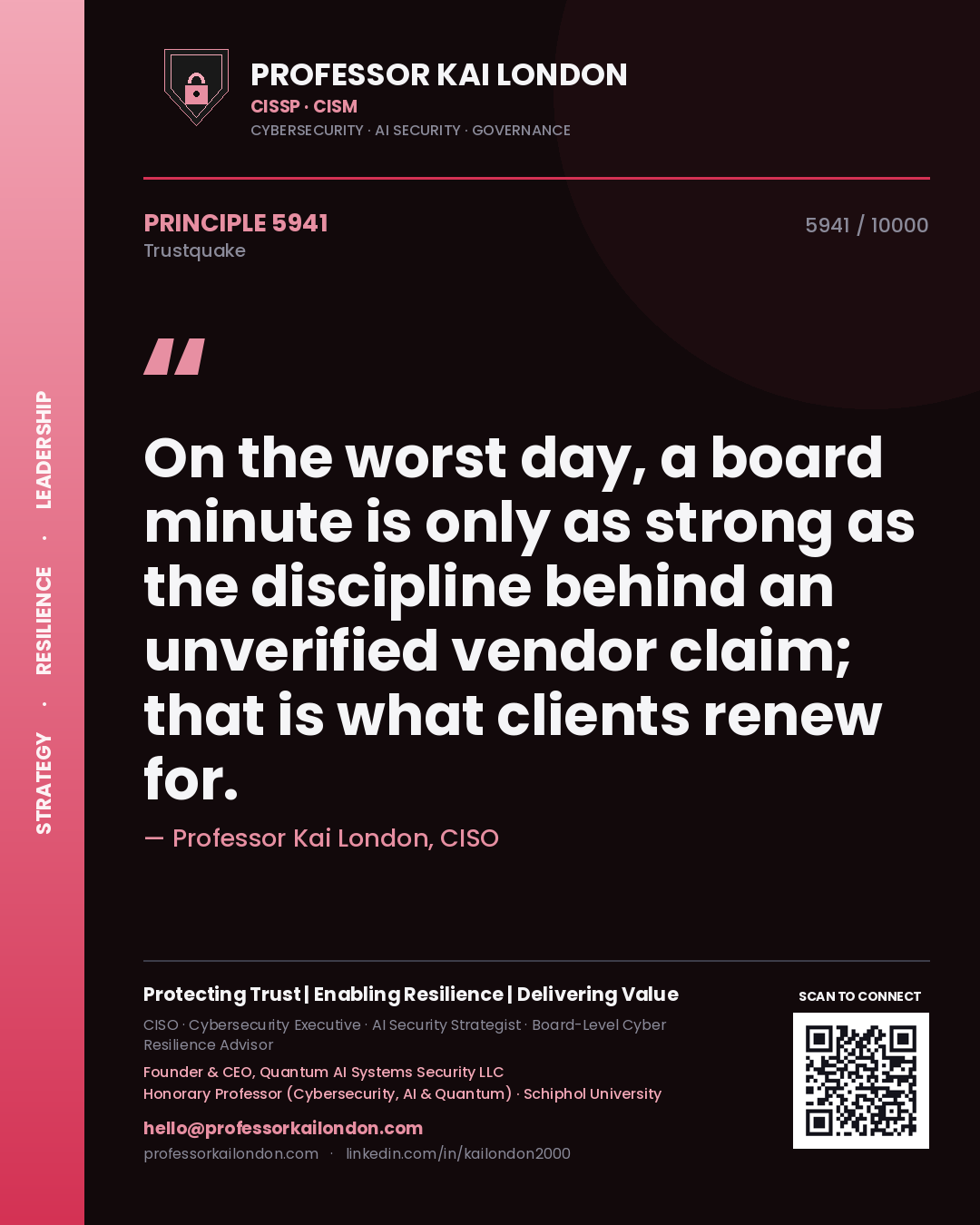 Quote card by Professor Kai London reading 'On the worst day, a board minute is only as strong as the discipline behind an unverified vendor claim; that is what clients renew for.'. From the book Trustquake.
