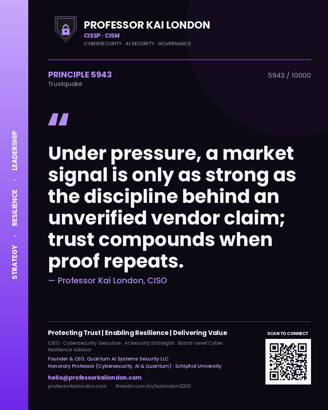 Quote card by Professor Kai London reading 'Under pressure, a market signal is only as strong as the discipline behind an unverified vendor claim; trust compounds when proof repeats.'. From the book Trustquake.