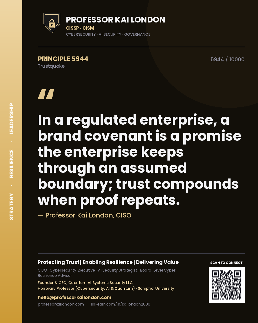 Professor Kai London principle 5944: In a regulated enterprise, a brand covenant is a promise the enterprise keeps through an assumed boundary; trust compounds when proof repeats.