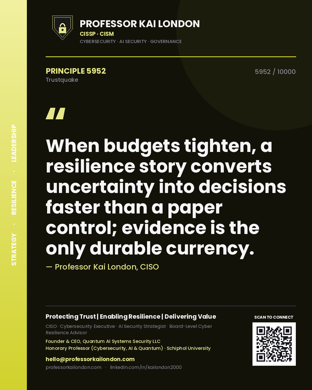 Professor Kai London principle 5952: When budgets tighten, a resilience story converts uncertainty into decisions faster than a paper control; evidence is the only durable currency.