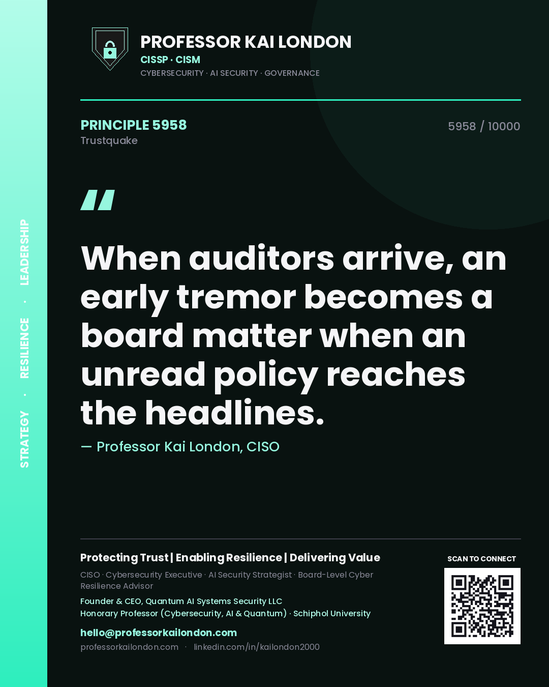 Quote card by Professor Kai London reading 'When auditors arrive, an early tremor becomes a board matter when an unread policy reaches the headlines.'. From the book Trustquake.