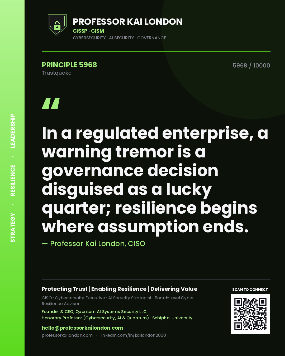 Professor Kai London principle 5968: In a regulated enterprise, a warning tremor is a governance decision disguised as a lucky quarter; resilience begins where assumption ends.