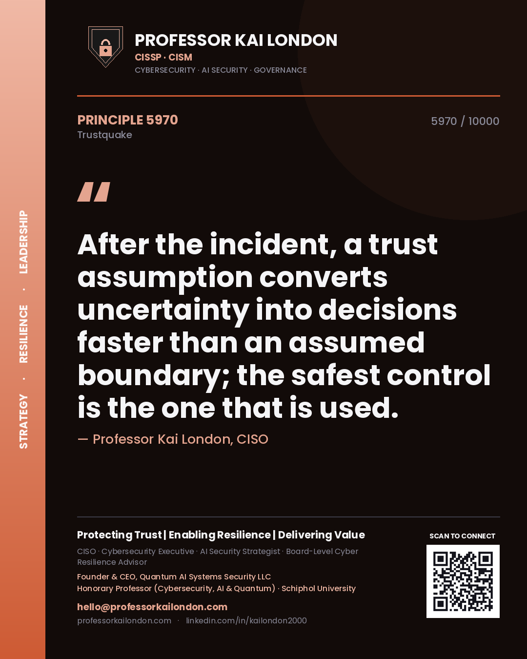 Quote card by Professor Kai London reading 'After the incident, a trust assumption converts uncertainty into decisions faster than an assumed boundary; the safest control is the one that is used.'. From the book Trustquake.
