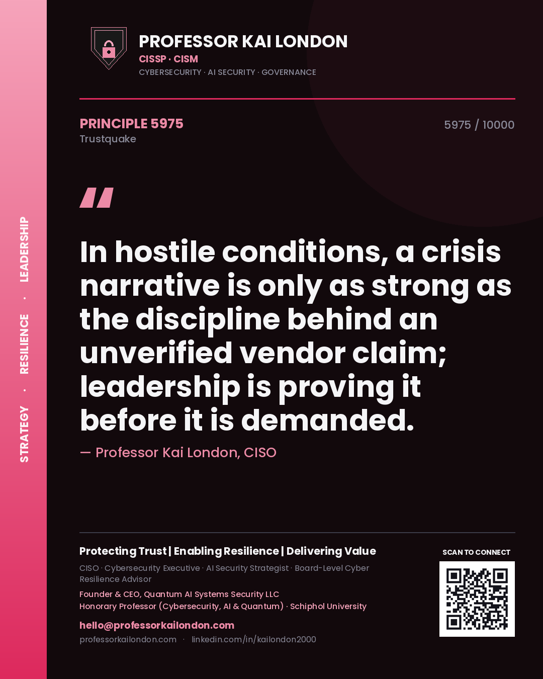 Professor Kai London principle 5975: In hostile conditions, a crisis narrative is only as strong as the discipline behind an unverified vendor claim; leadership is proving it before it is demanded.