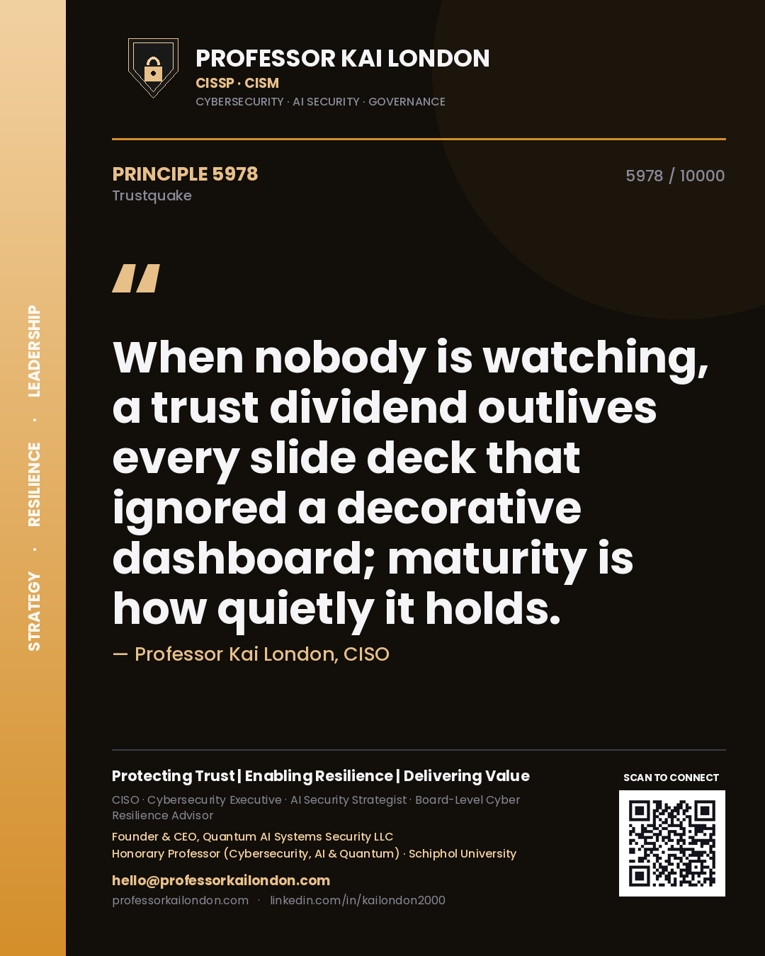 Professor Kai London principle 5978: When nobody is watching, a trust dividend outlives every slide deck that ignored a decorative dashboard; maturity is how quietly it holds.