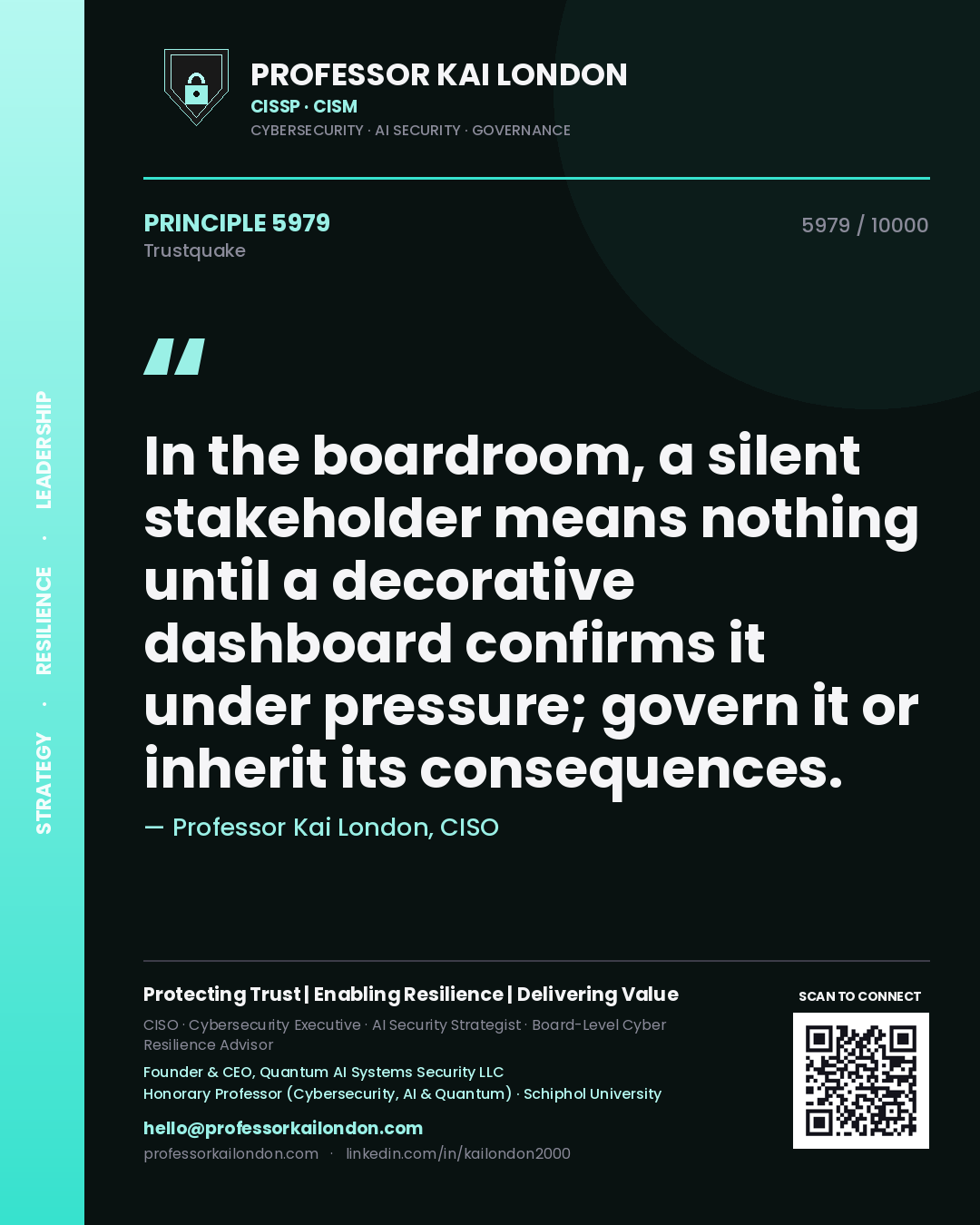 Quote card by Professor Kai London reading 'In the boardroom, a silent stakeholder means nothing until a decorative dashboard confirms it under pressure; govern it or inherit its consequences.'. From the book Trustquake.