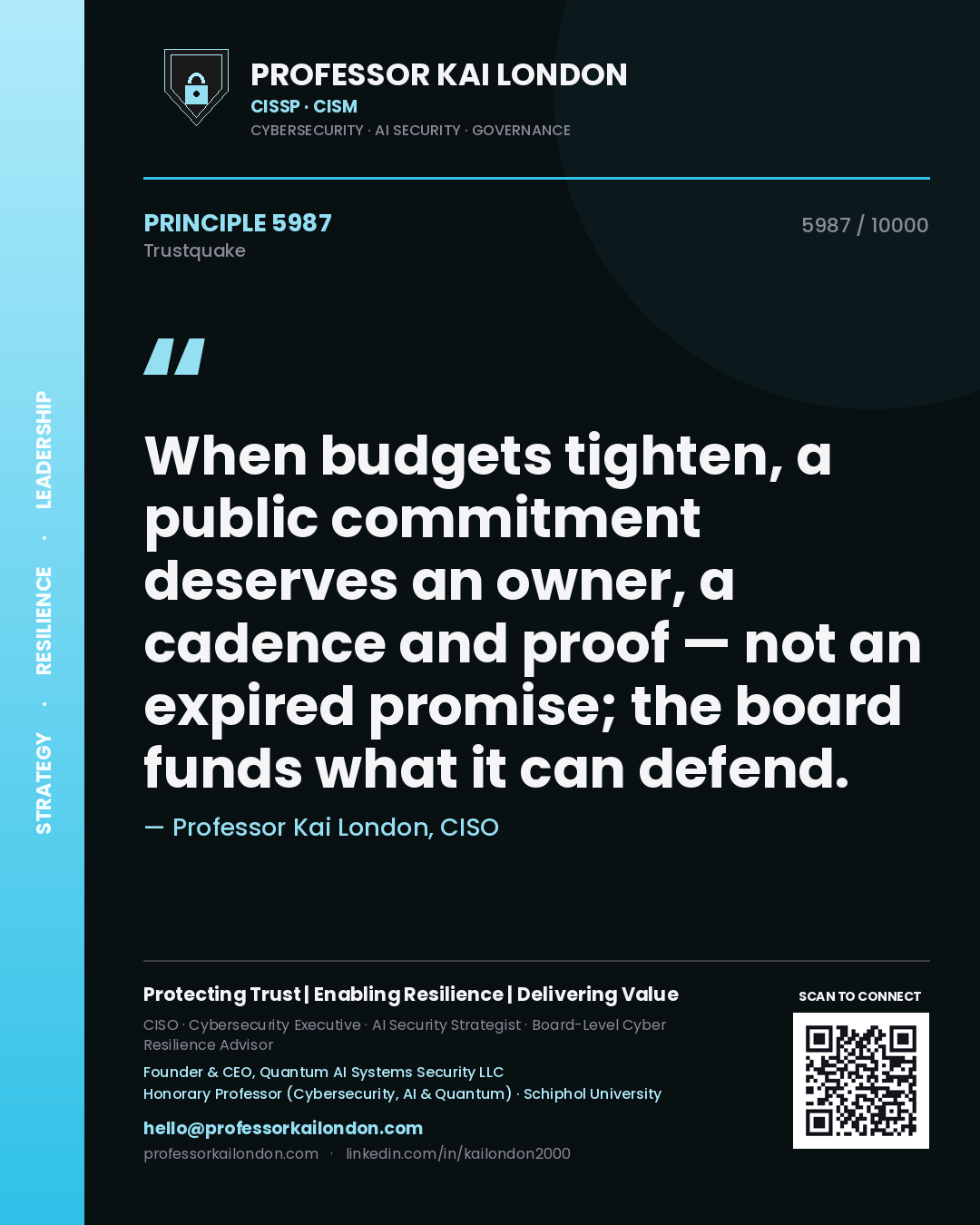 Professor Kai London principle 5987: When budgets tighten, a public commitment deserves an owner, a cadence and proof — not an expired promise; the board funds what it can defend.