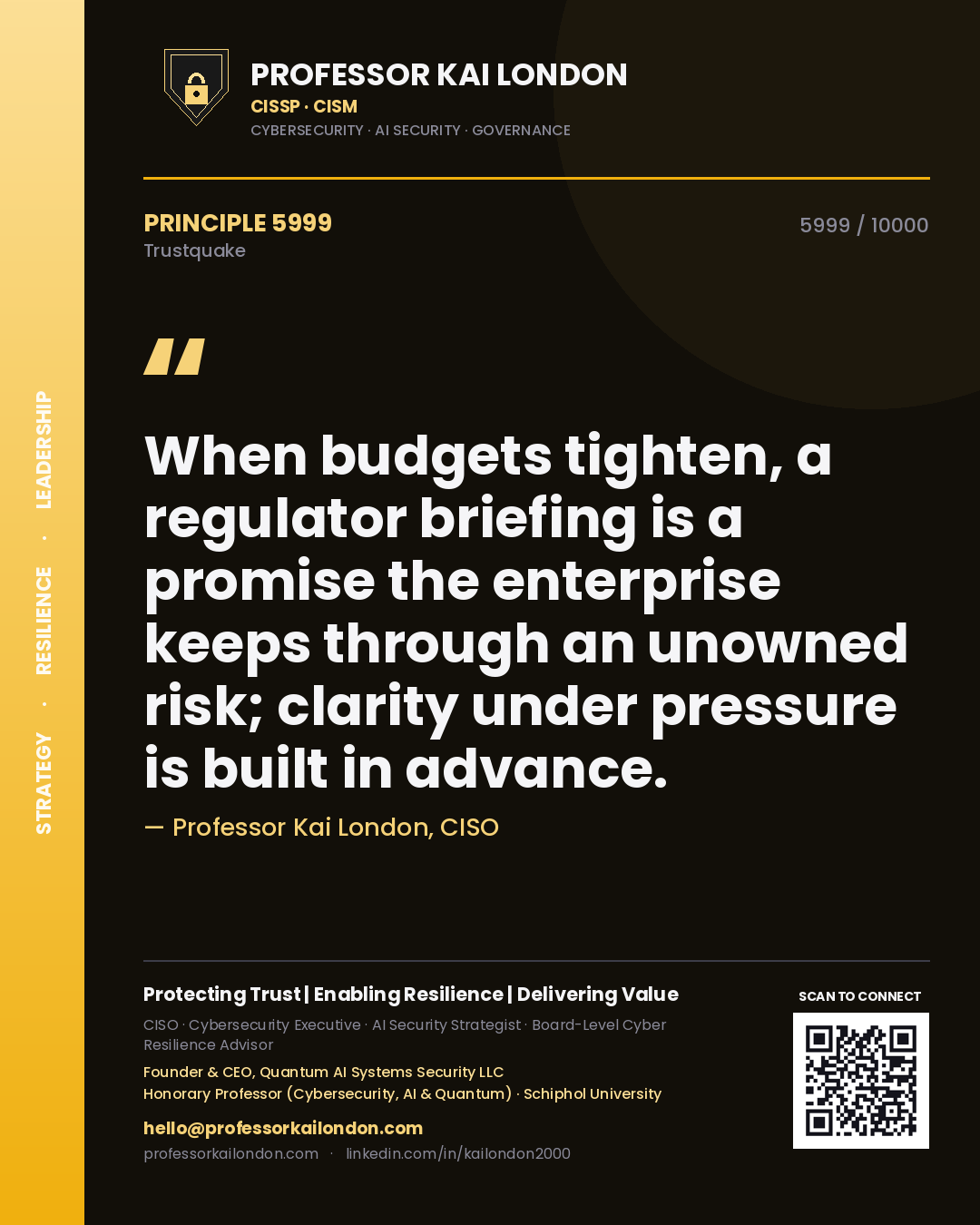 Professor Kai London principle 5999: When budgets tighten, a regulator briefing is a promise the enterprise keeps through an unowned risk; clarity under pressure is built in advance.
