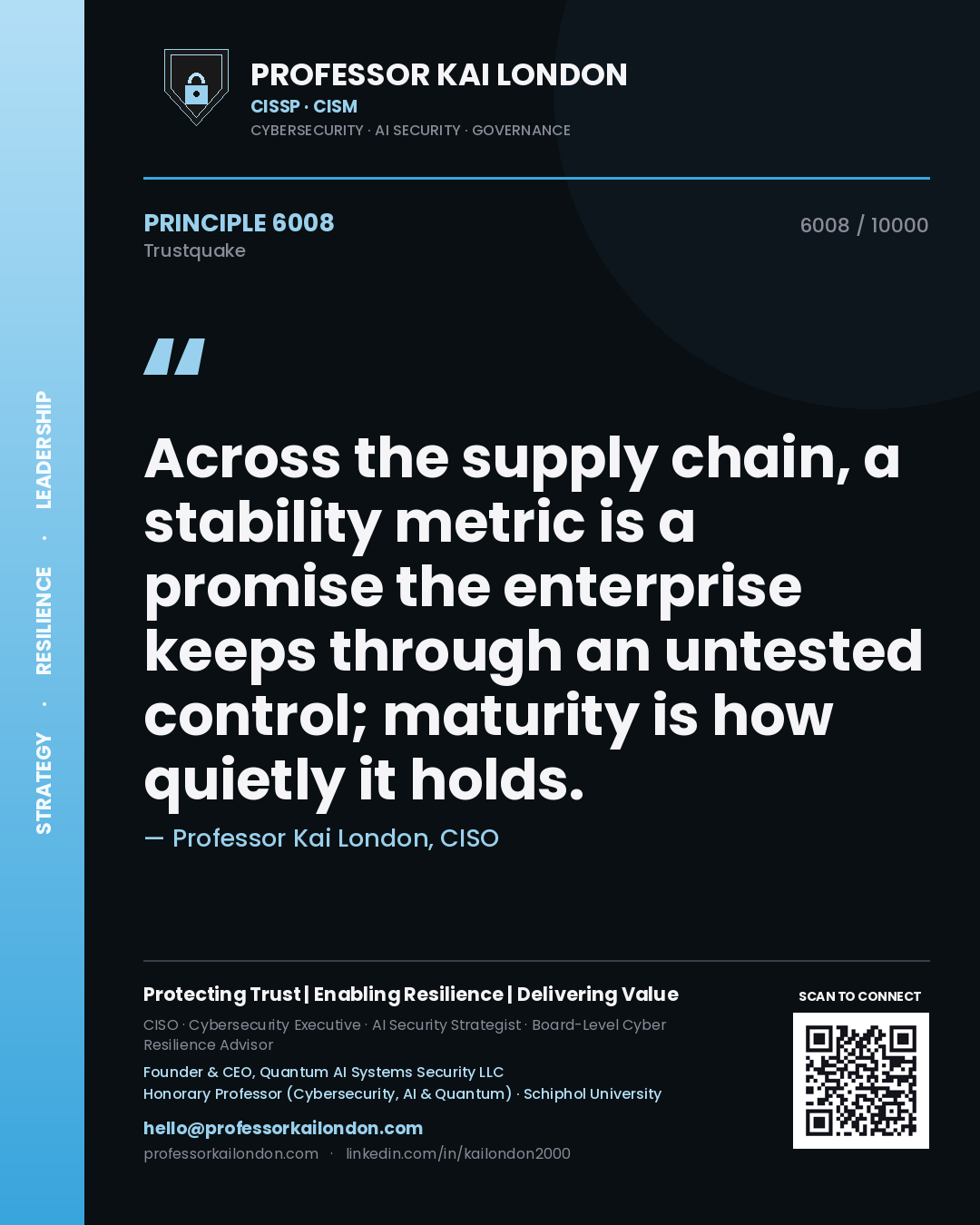 Quote card by Professor Kai London reading 'Across the supply chain, a stability metric is a promise the enterprise keeps through an untested control; maturity is how quietly it holds.'. From the book Trustquake.