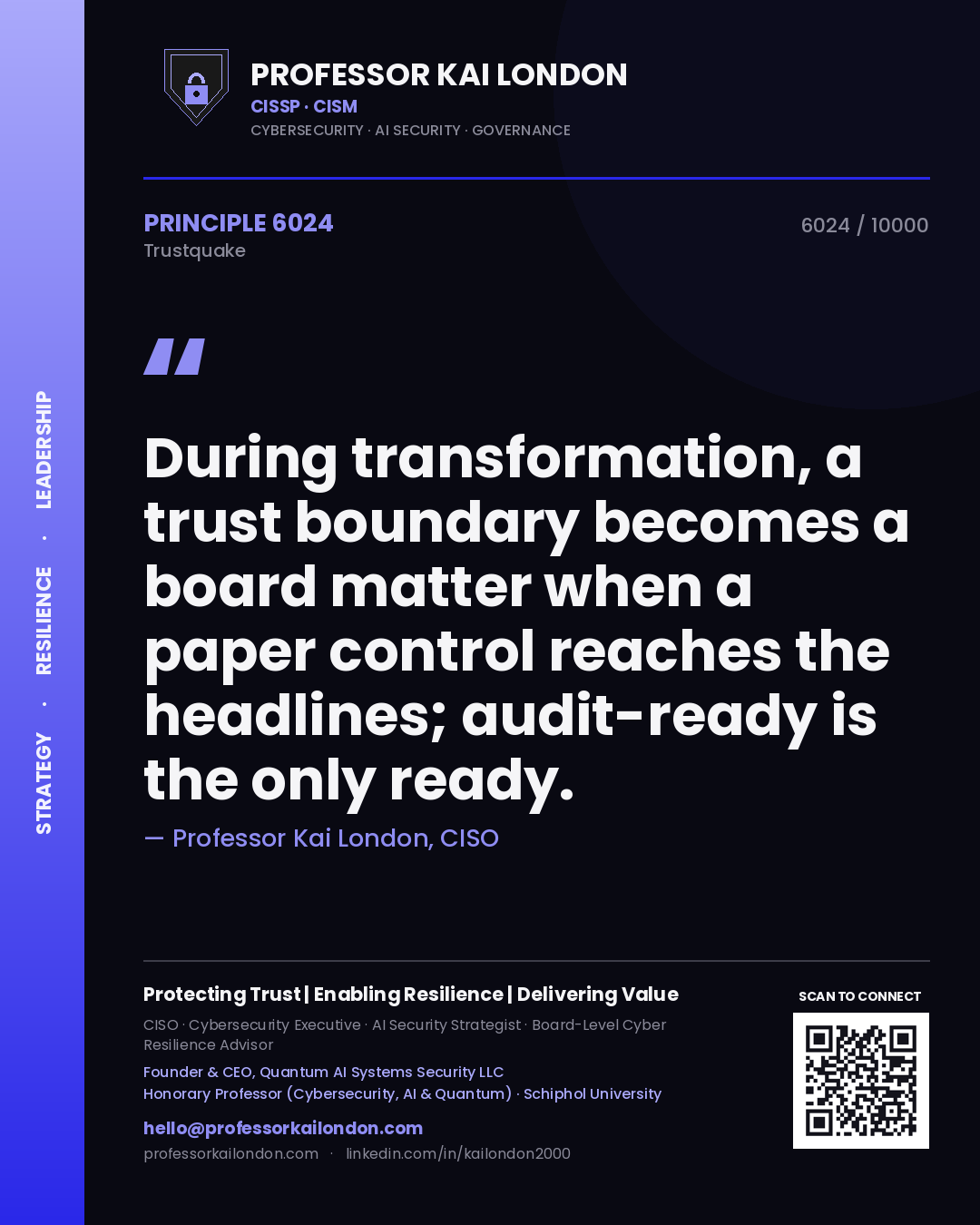 Quote card by Professor Kai London reading 'During transformation, a trust boundary becomes a board matter when a paper control reaches the headlines; audit-ready is the only ready.'. From the book Trustquake.