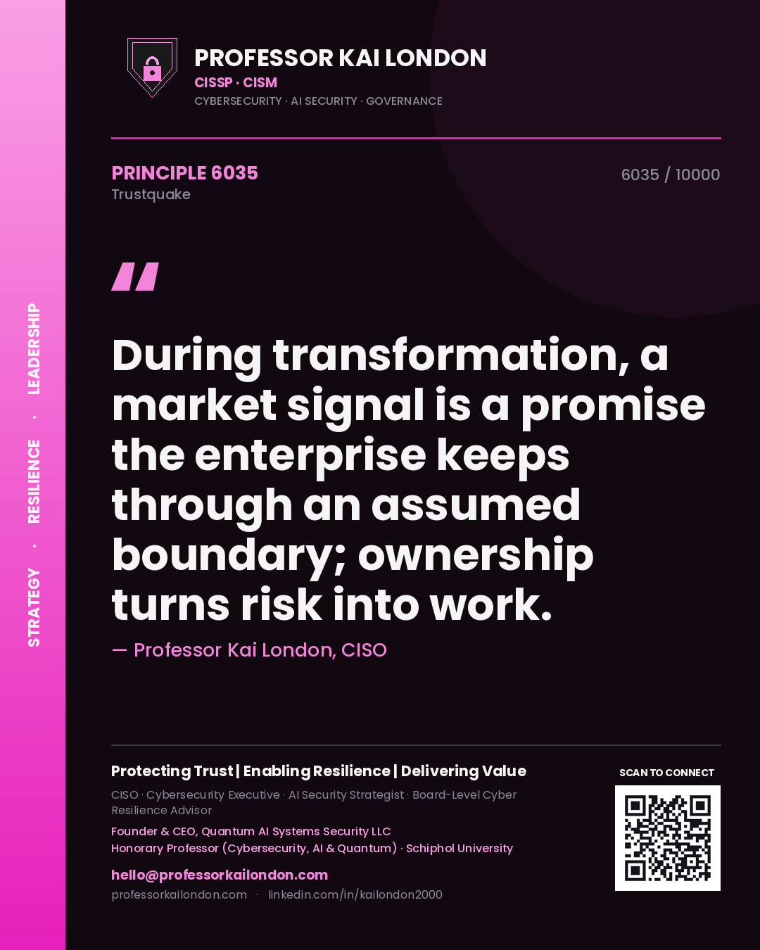 Quote card by Professor Kai London reading 'During transformation, a market signal is a promise the enterprise keeps through an assumed boundary; ownership turns risk into work.'. From the book Trustquake.