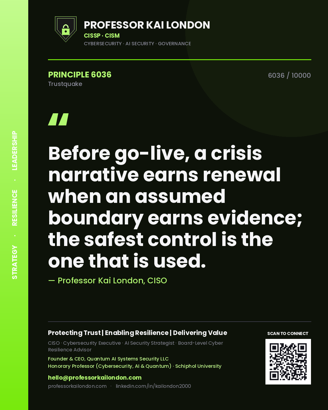 Quote card by Professor Kai London reading 'Before go-live, a crisis narrative earns renewal when an assumed boundary earns evidence; the safest control is the one that is used.'. From the book Trustquake.