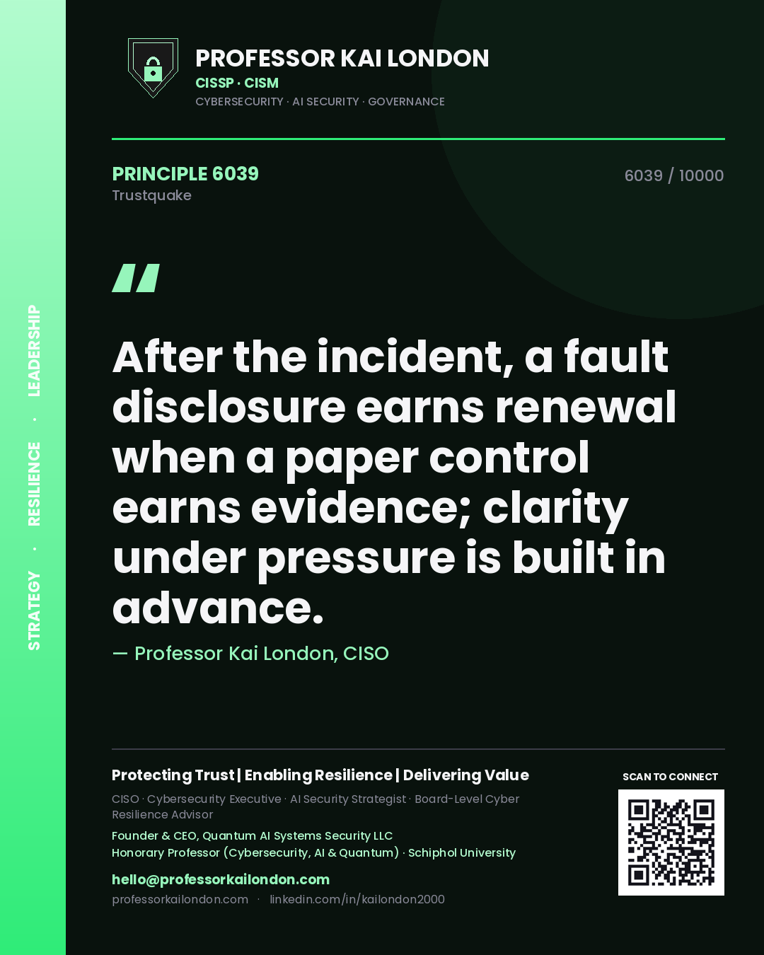 Quote card by Professor Kai London reading 'After the incident, a fault disclosure earns renewal when a paper control earns evidence; clarity under pressure is built in advance.'. From the book Trustquake.