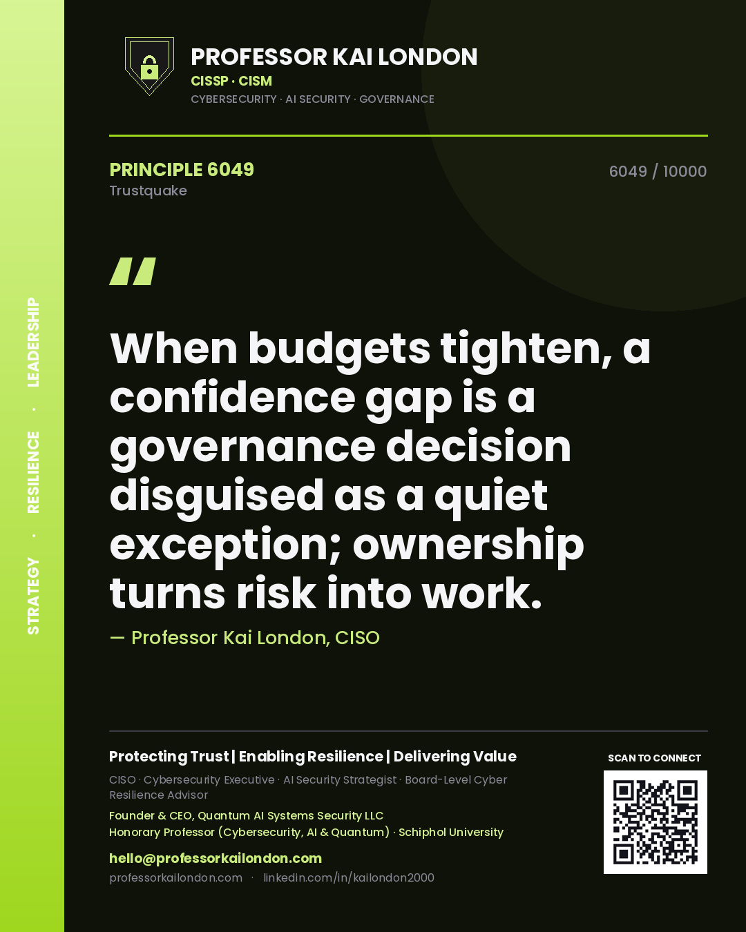 Professor Kai London principle 6049: When budgets tighten, a confidence gap is a governance decision disguised as a quiet exception; ownership turns risk into work.