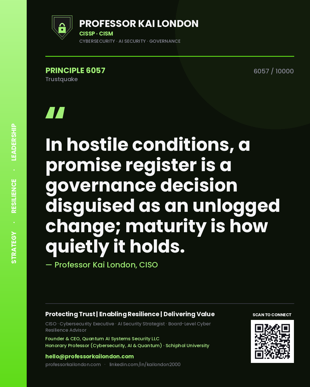 Quote card by Professor Kai London reading 'In hostile conditions, a promise register is a governance decision disguised as an unlogged change; maturity is how quietly it holds.'. From the book Trustquake.
