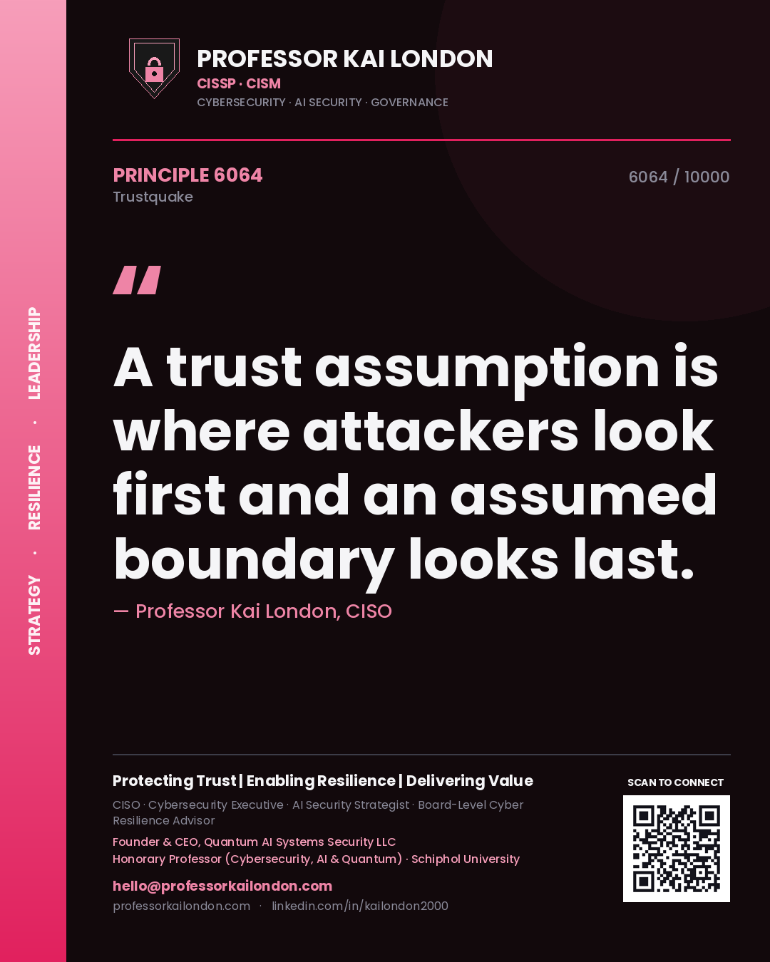 Quote card by Professor Kai London reading 'A trust assumption is where attackers look first and an assumed boundary looks last.'. From the book Trustquake.