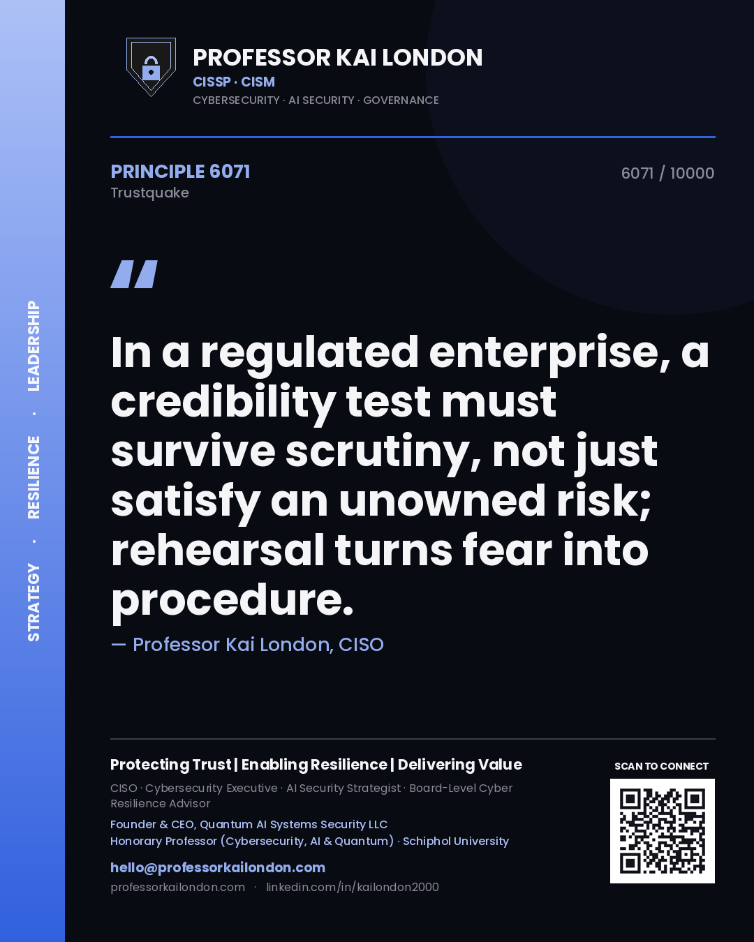Professor Kai London principle 6071: In a regulated enterprise, a credibility test must survive scrutiny, not just satisfy an unowned risk; rehearsal turns fear into procedure.