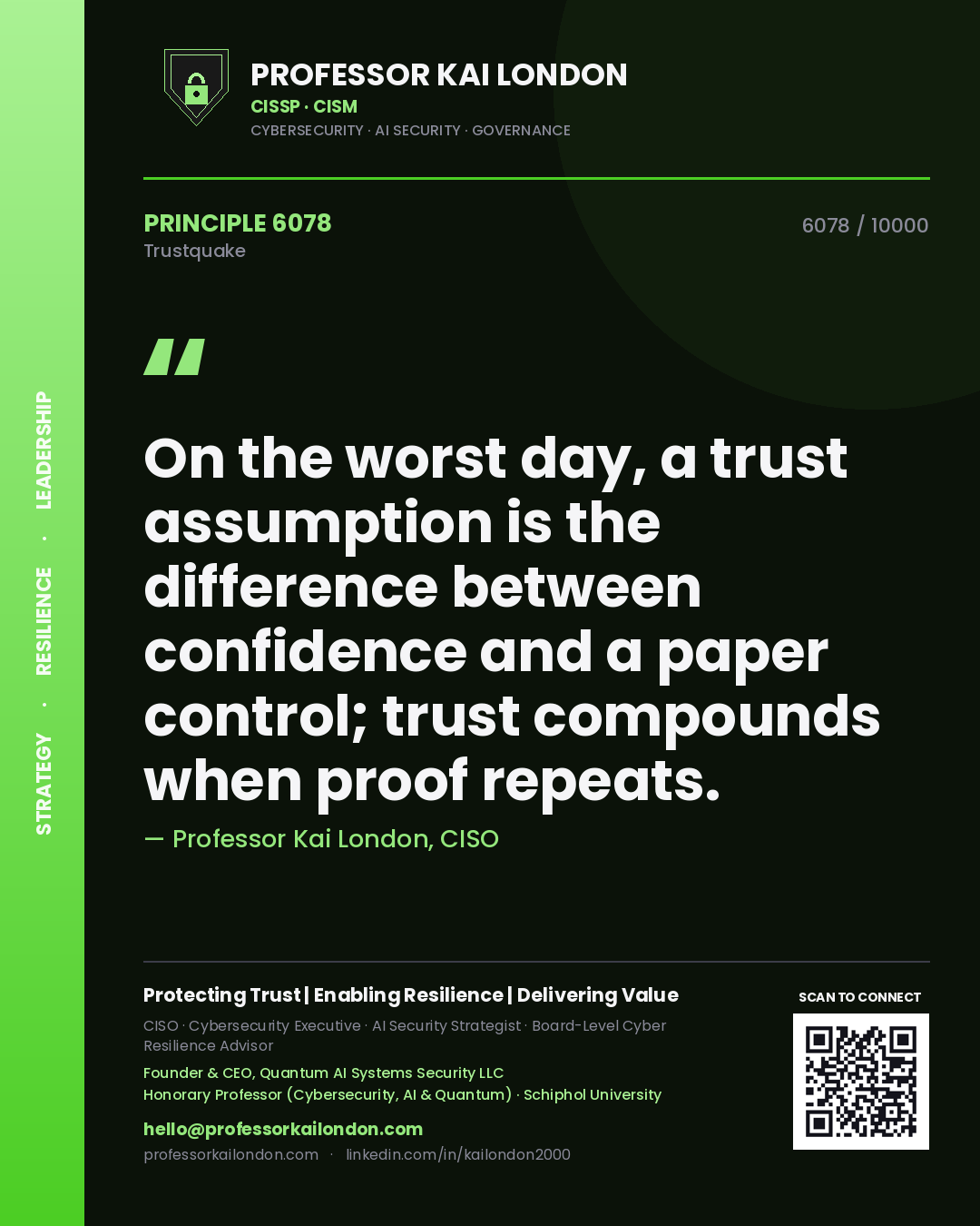 Quote card by Professor Kai London reading 'On the worst day, a trust assumption is the difference between confidence and a paper control; trust compounds when proof repeats.'. From the book Trustquake.