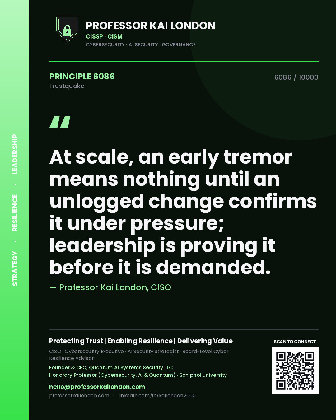 Professor Kai London principle 6086: At scale, an early tremor means nothing until an unlogged change confirms it under pressure; leadership is proving it before it is demanded.